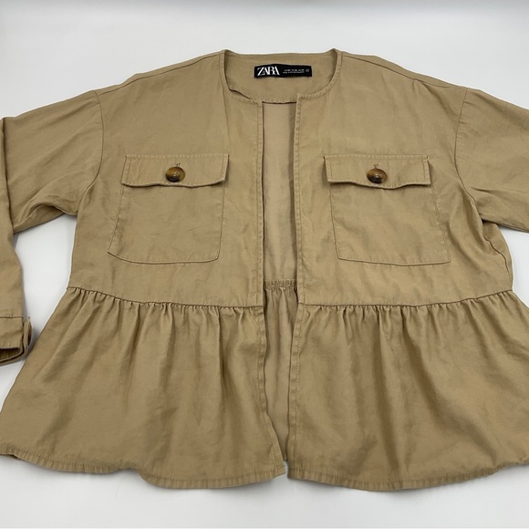 Zara Ruffled Peplum Open Front Oversized Safari Khaki Color Shacket Jacket XS - Picture 9 of 16
